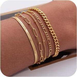 Golden Dainty Gold Bracelet Pack 14K Plated Paperclip Cuban Waterproof Paperclip